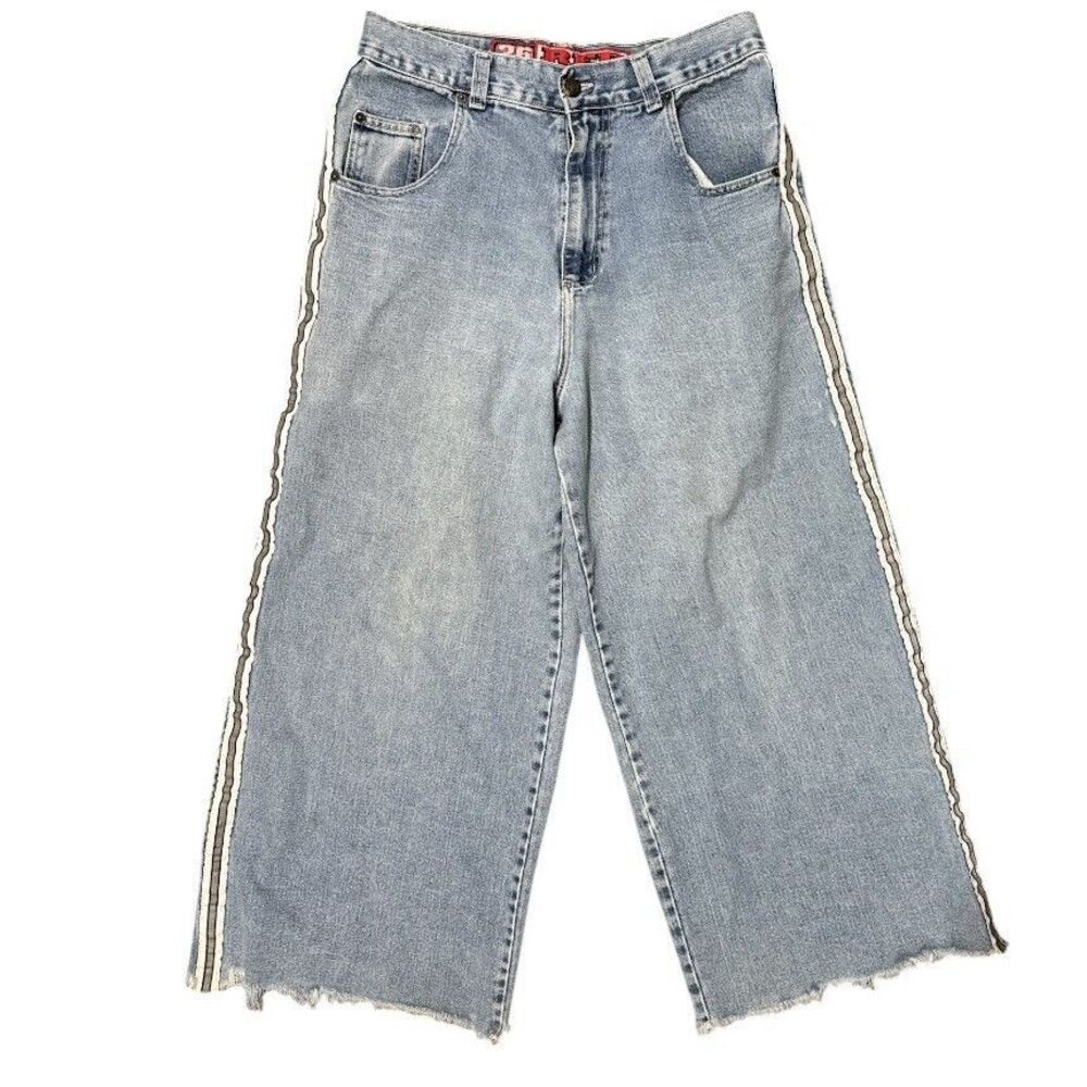 Vintage 90s 26 Red Baggy Wide Leg Jeans 34 Side Stripe Skater Raw Hem Denim Y2K